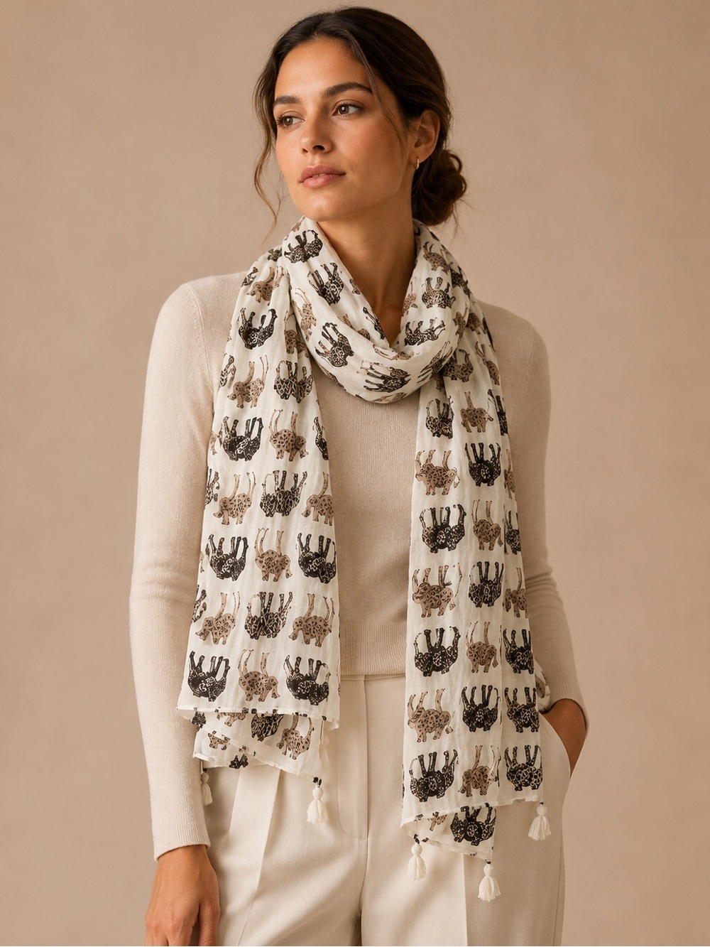 Lightweight Elephant Print Tassel Scarf Ivory Neutral Safari Animal Print